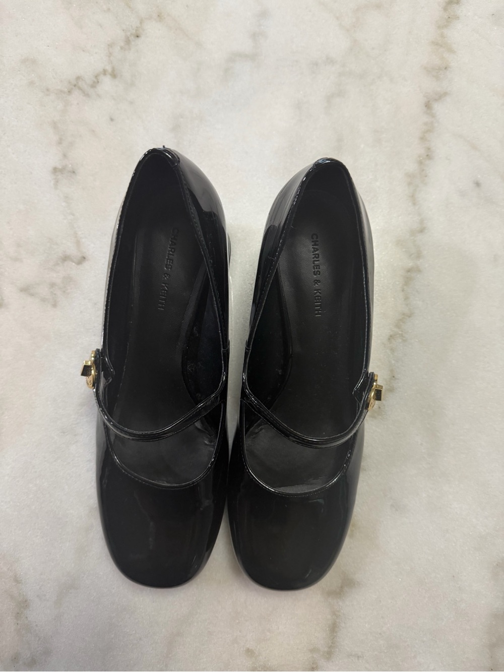 Charles & Keith Black Patent Mary Jane Flats with Gold Buckle